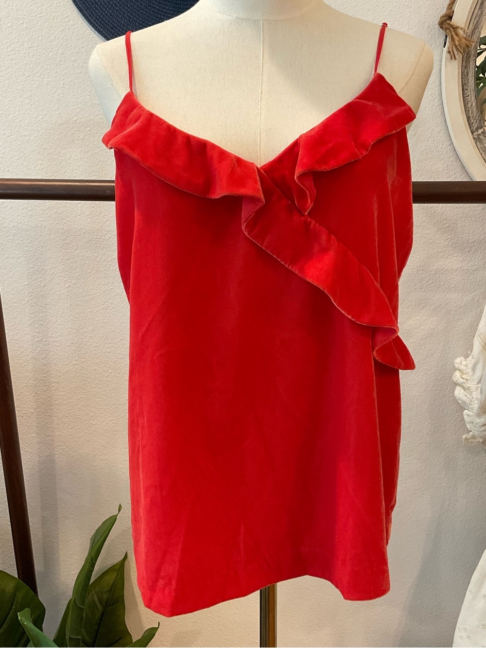 J. Crew Vibrant Red Velvet Ruffle Cami Women’s 8 Tall